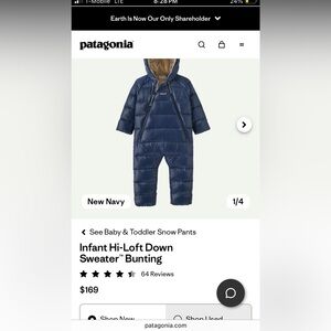 Patagonia infant hi-loft bunting 0-3 months